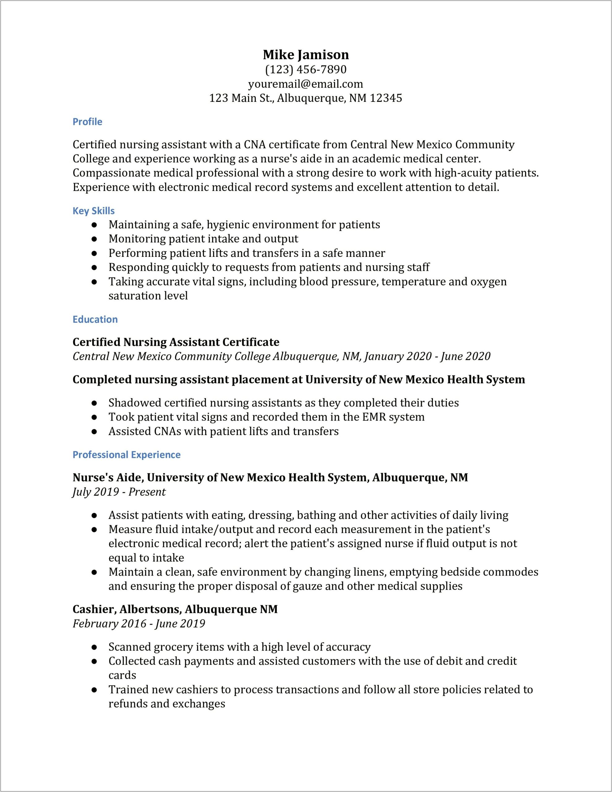 Skills And Qualifications Cna Resume
