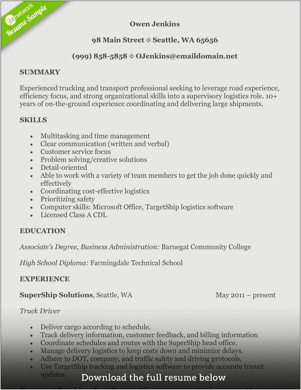 Skills For Bus Driver Resume