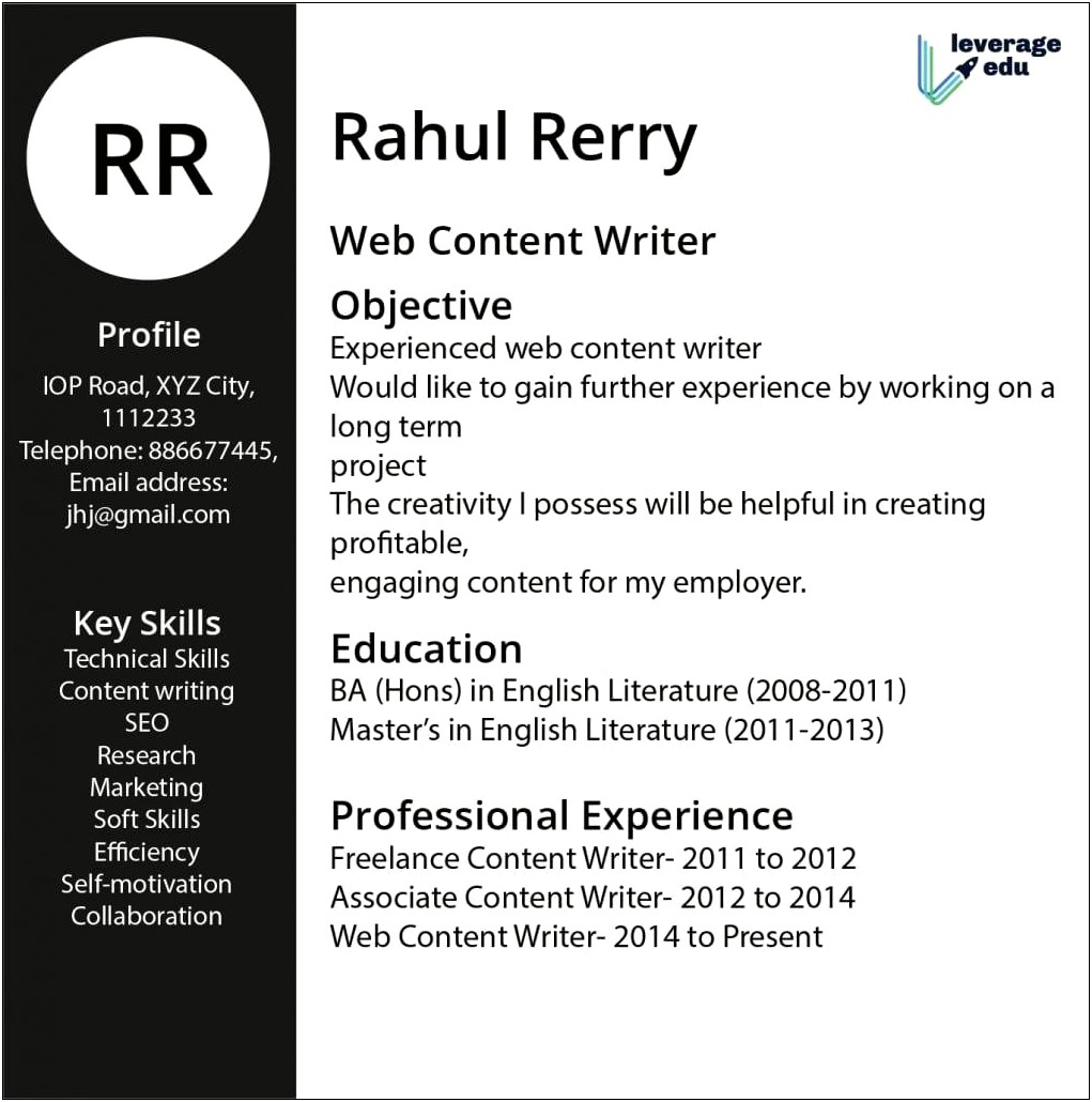 Skills For Content Writers Resume