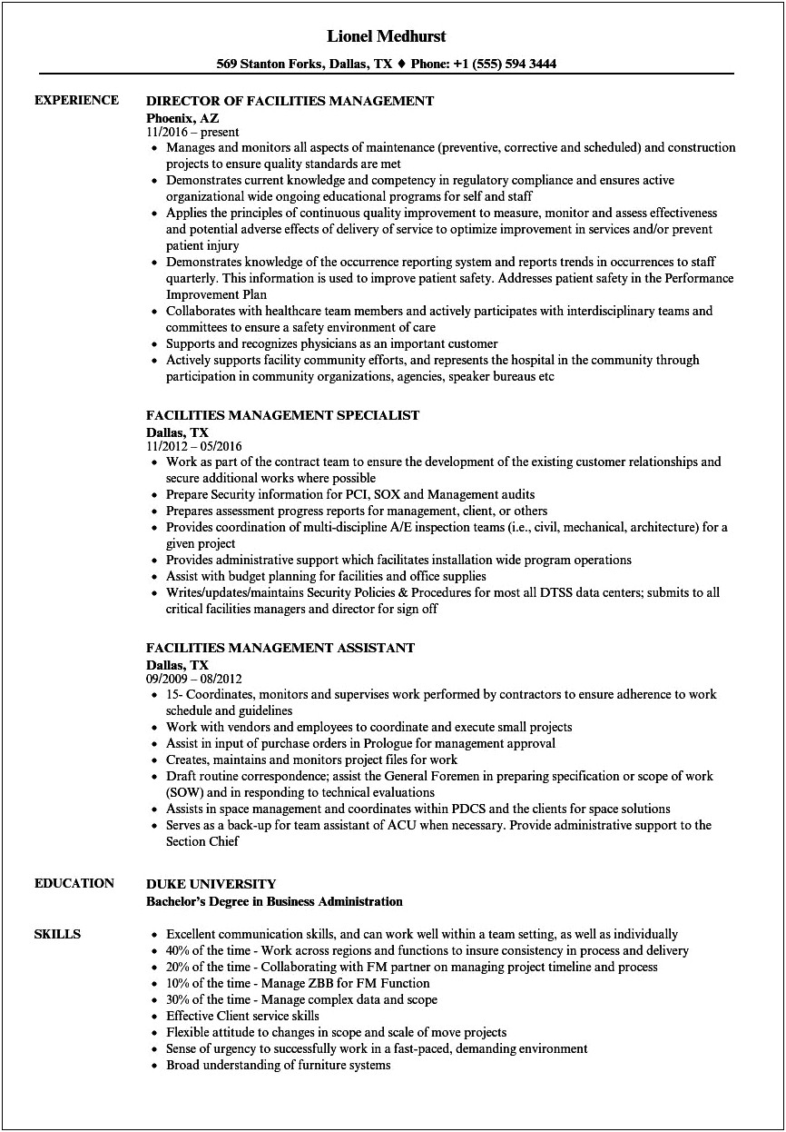 Skills For Facility Manager Resume