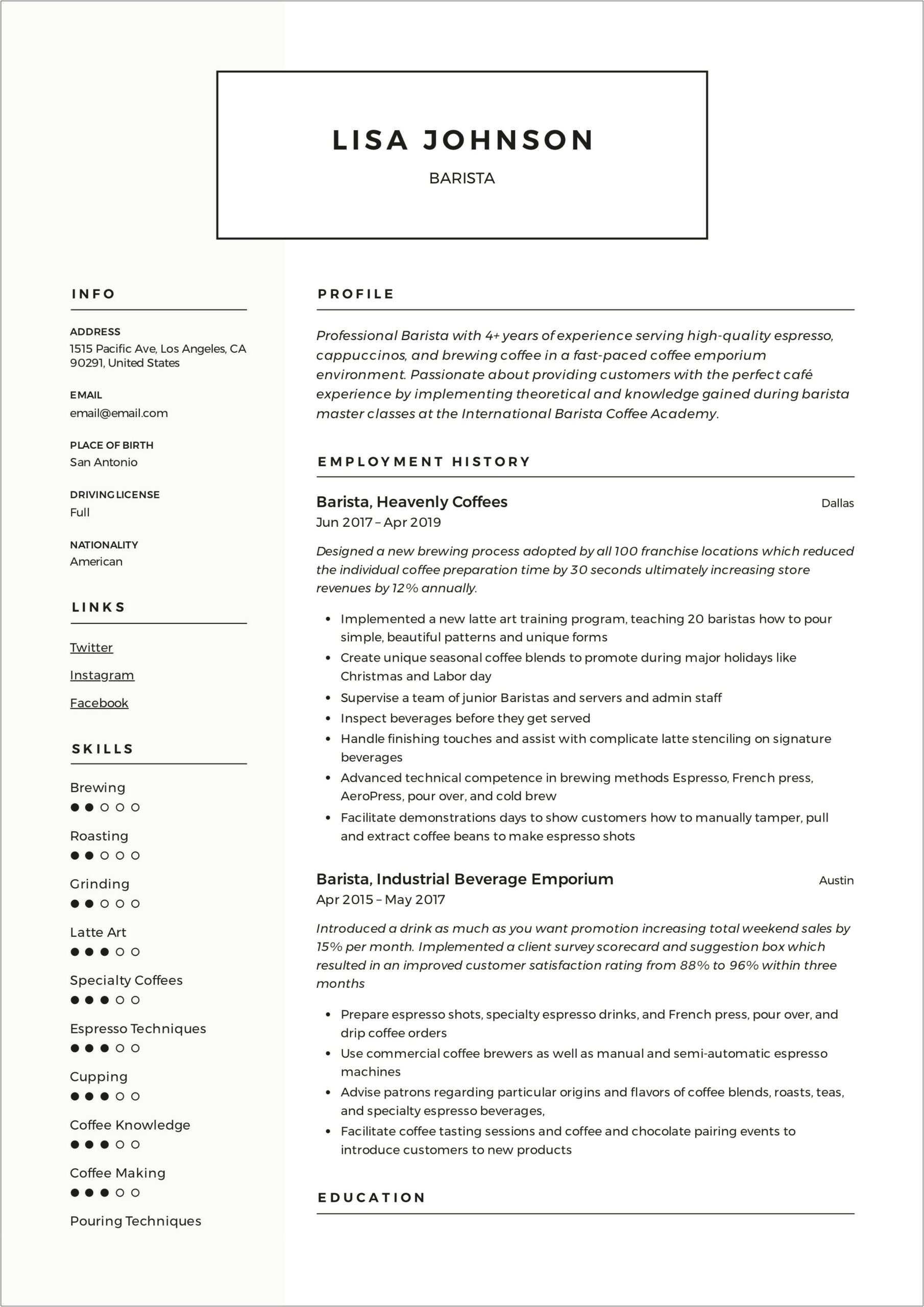 Skills For Resume For Barista