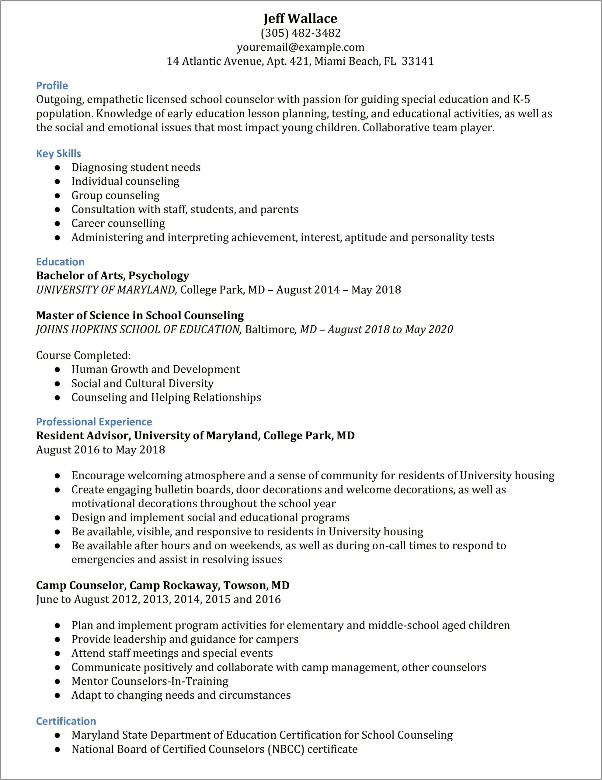 Skills For School Counseling Resume