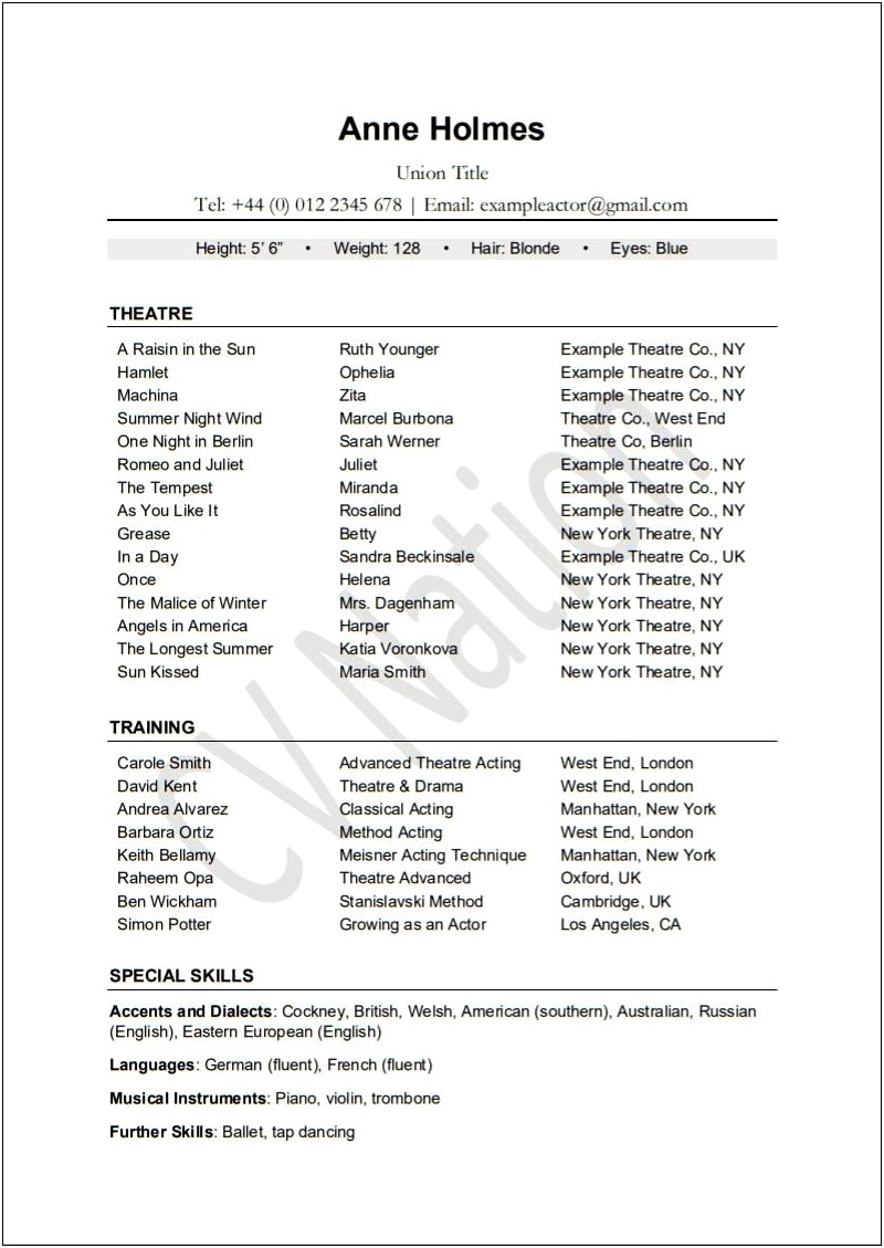 Skills List For Acting Resumes