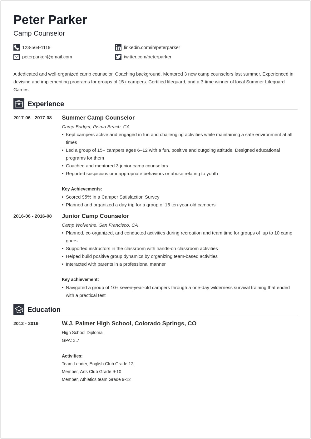 Skills Section Resume Camp Counselor