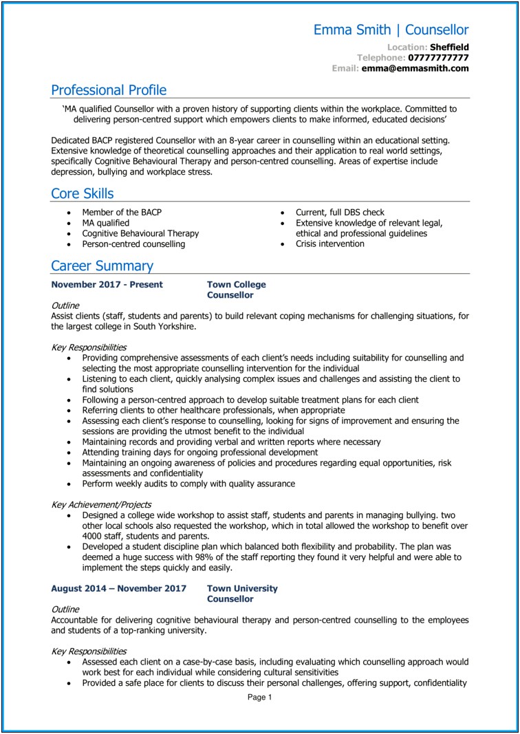 Skills Summary For Counseling Resume
