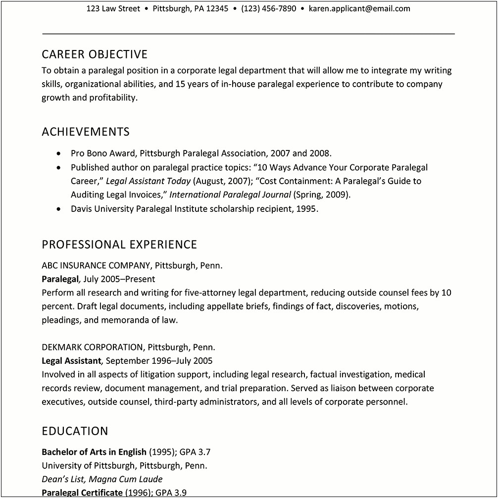 Skills Summary For Paralegal Resume