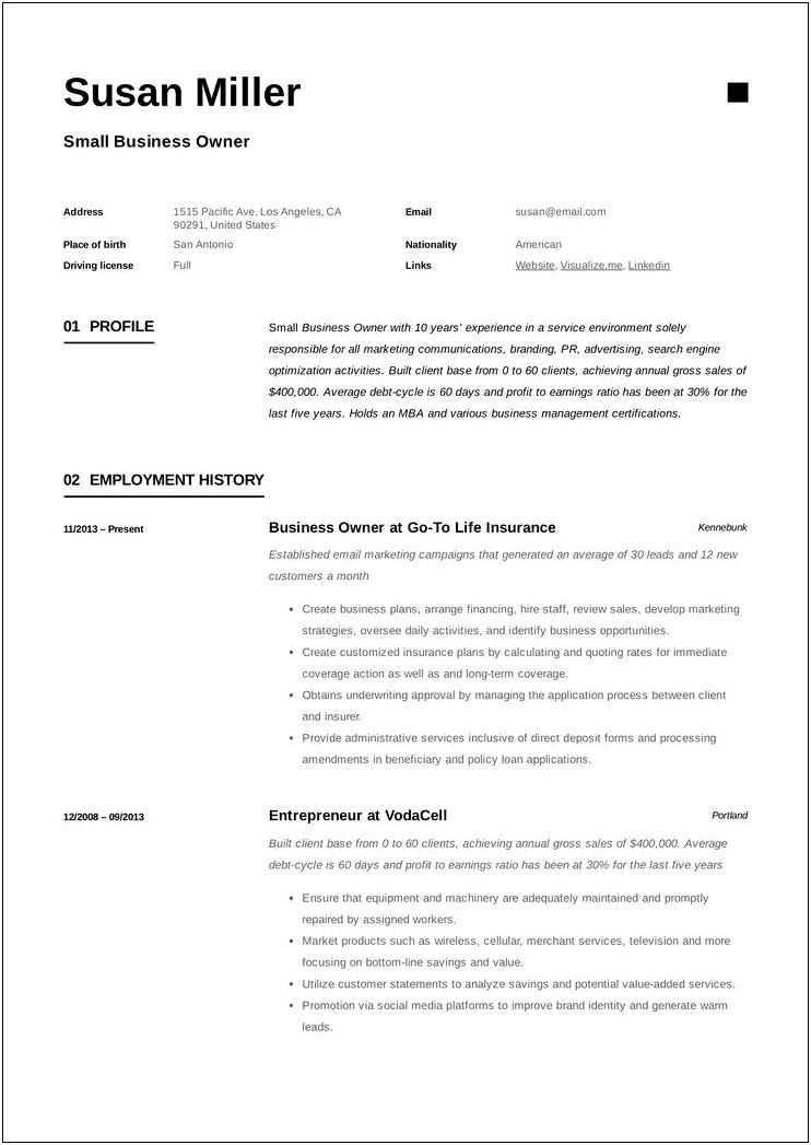 Small Business Owner Resume Examples
