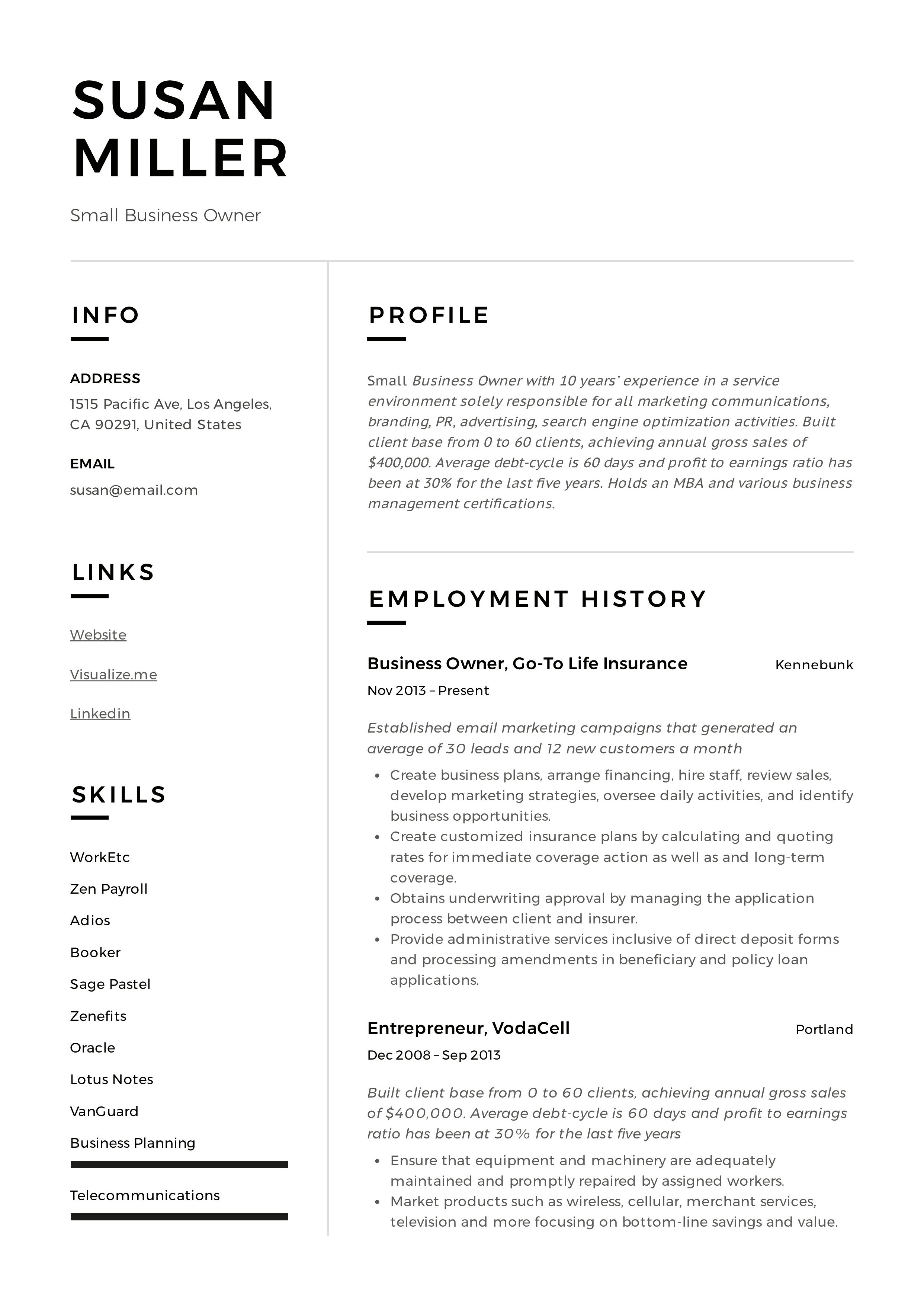 Small Business Owner Resume Sample
