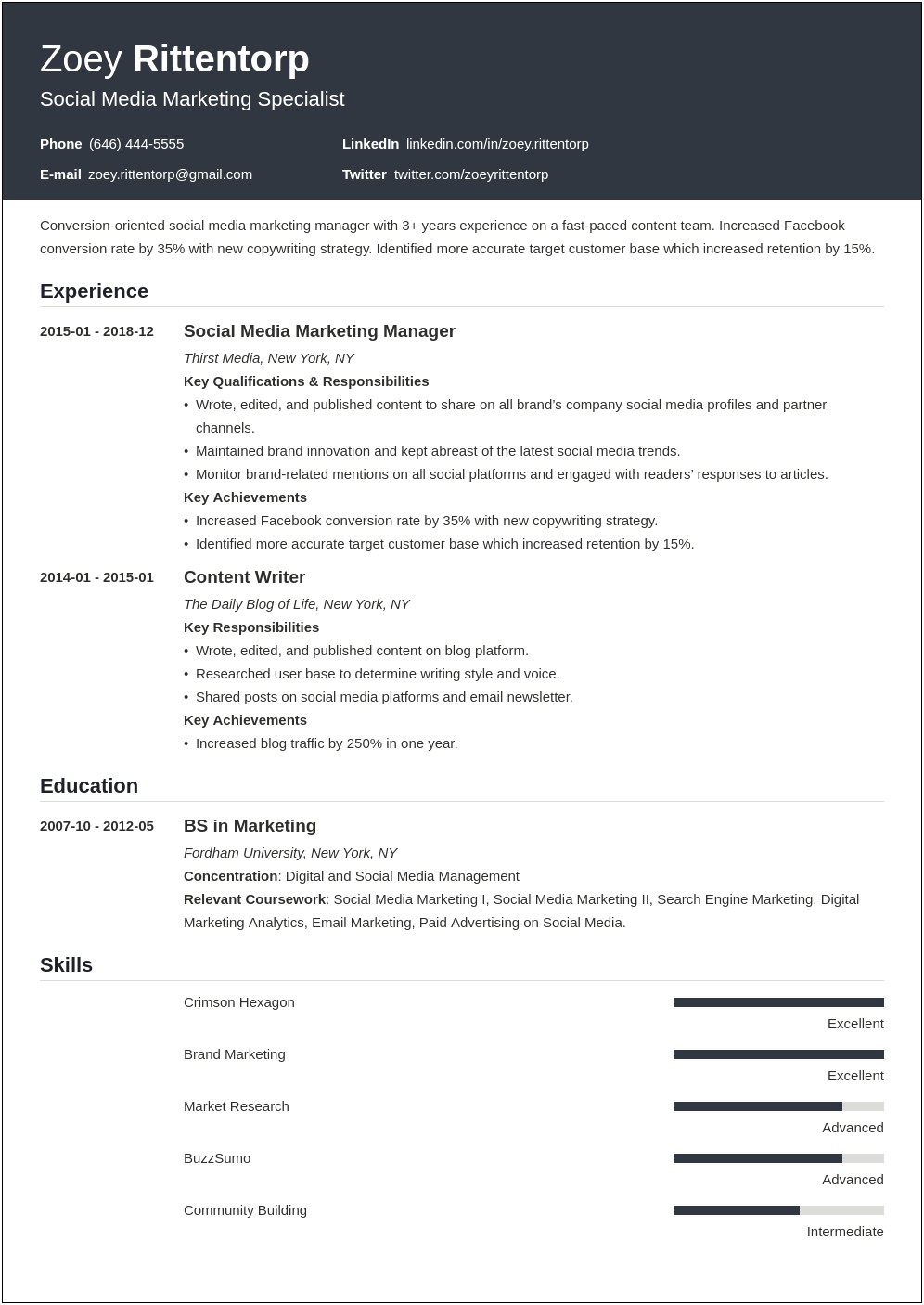 Social Media Evaluator Resume Example