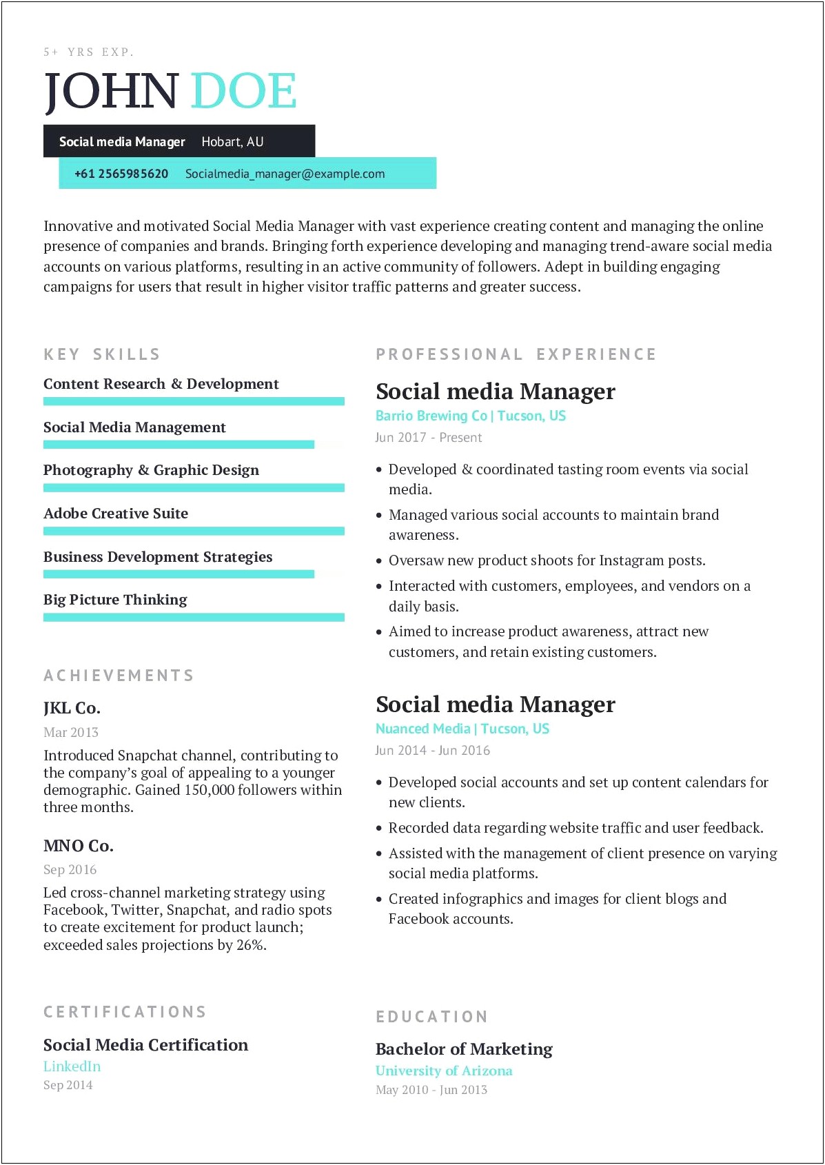 Social Media Manager On Resume