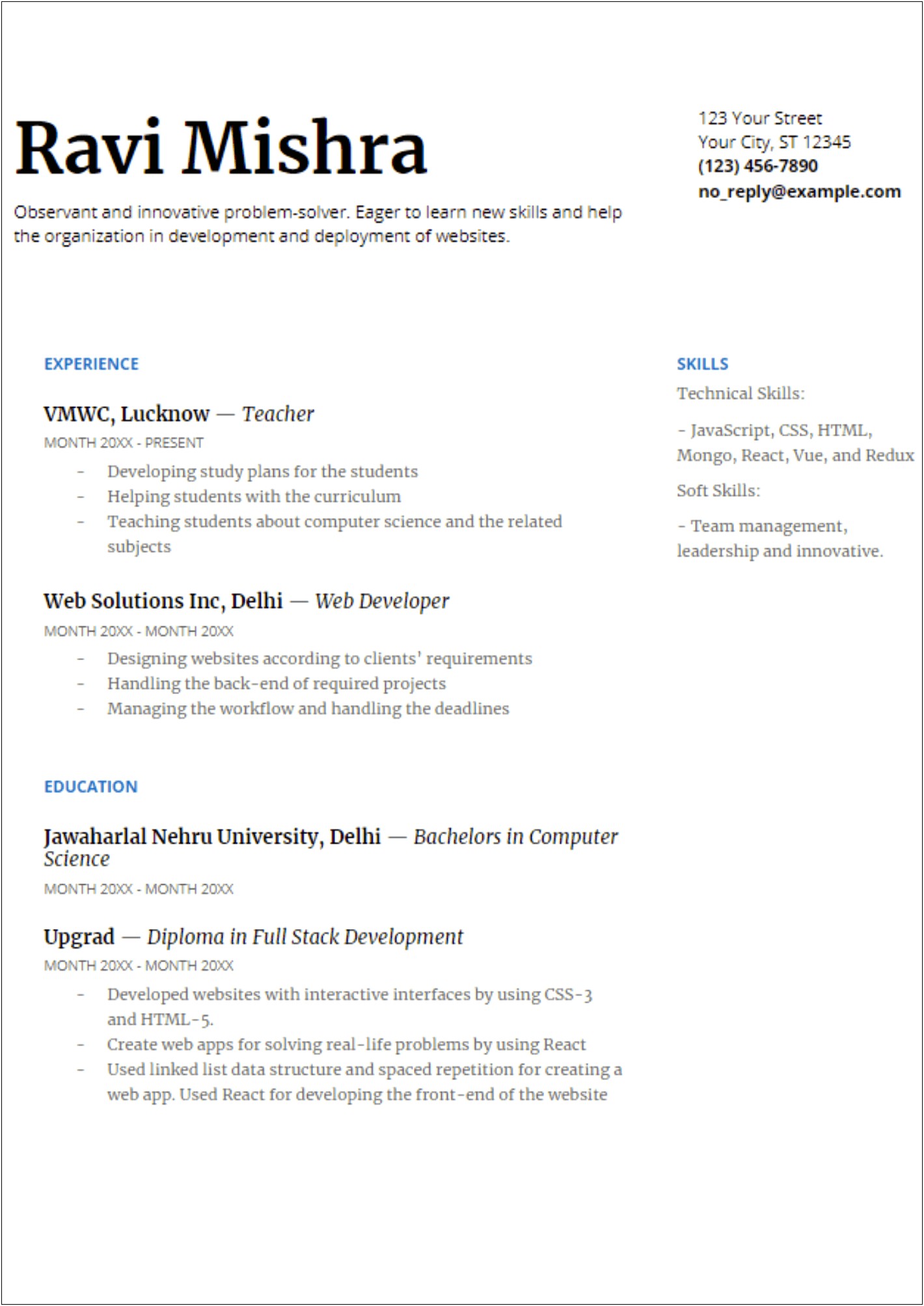 Soft Skills Web Developer Resume