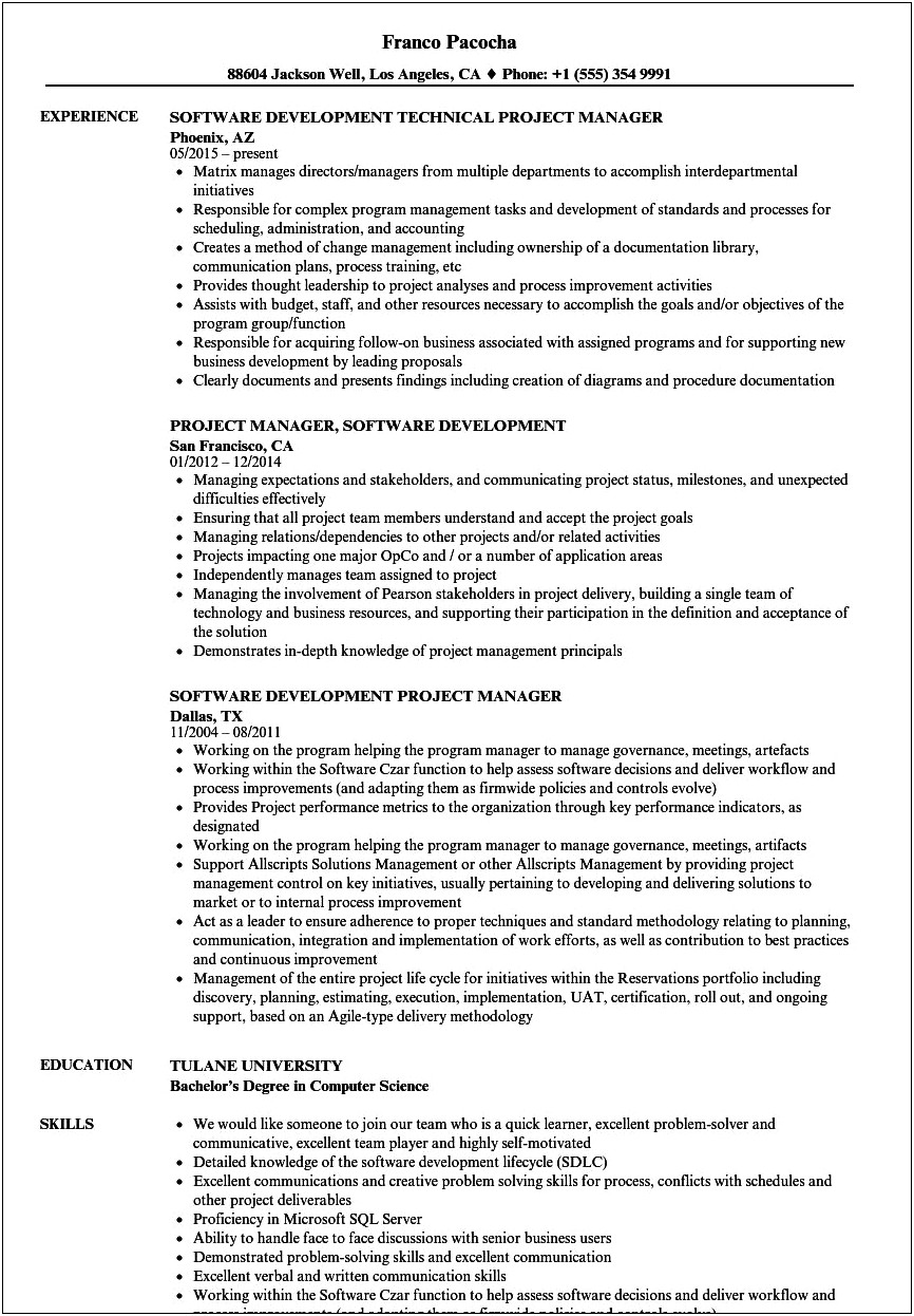 Software Project Management Resume Example