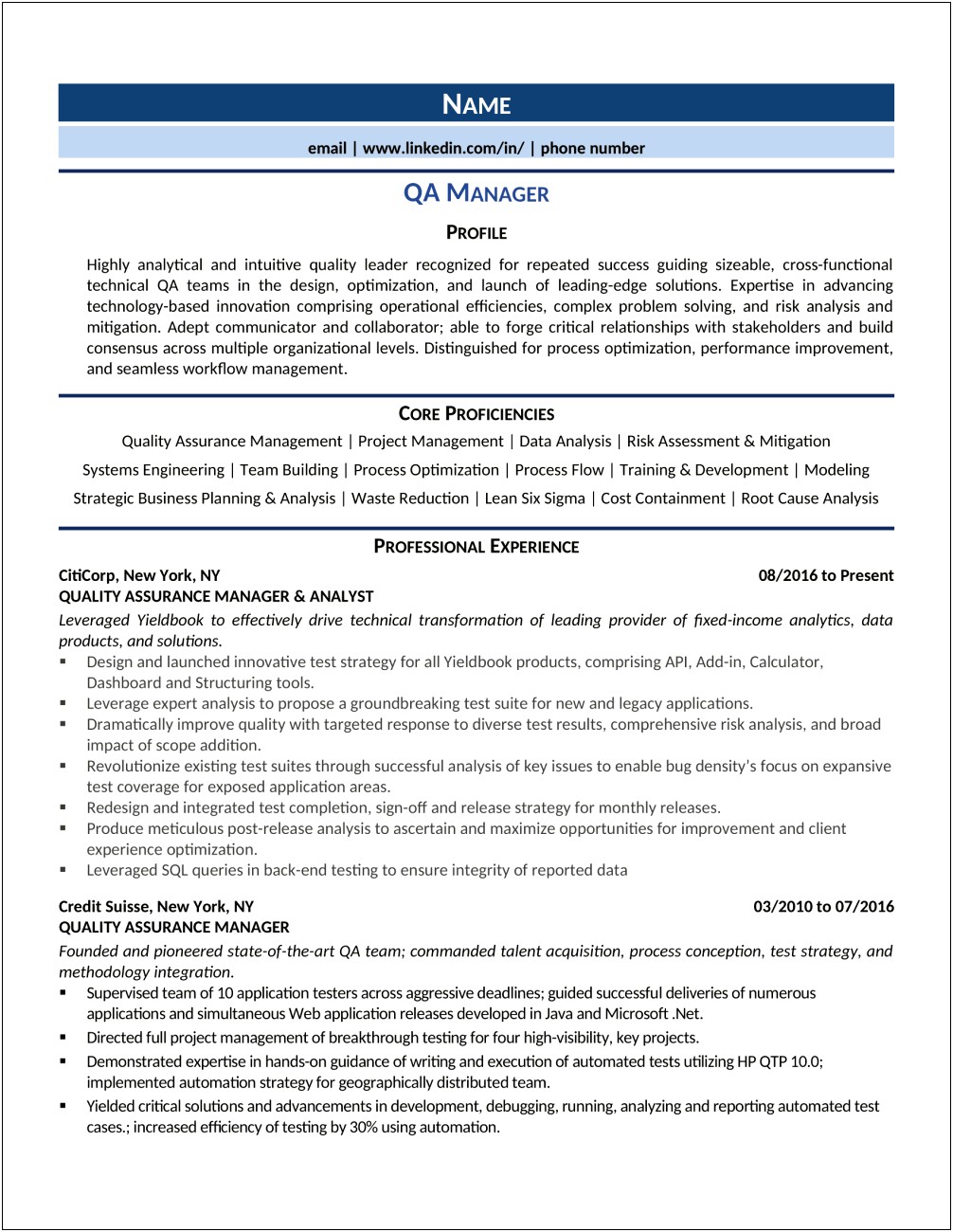 Software Qa Manager Resume Template