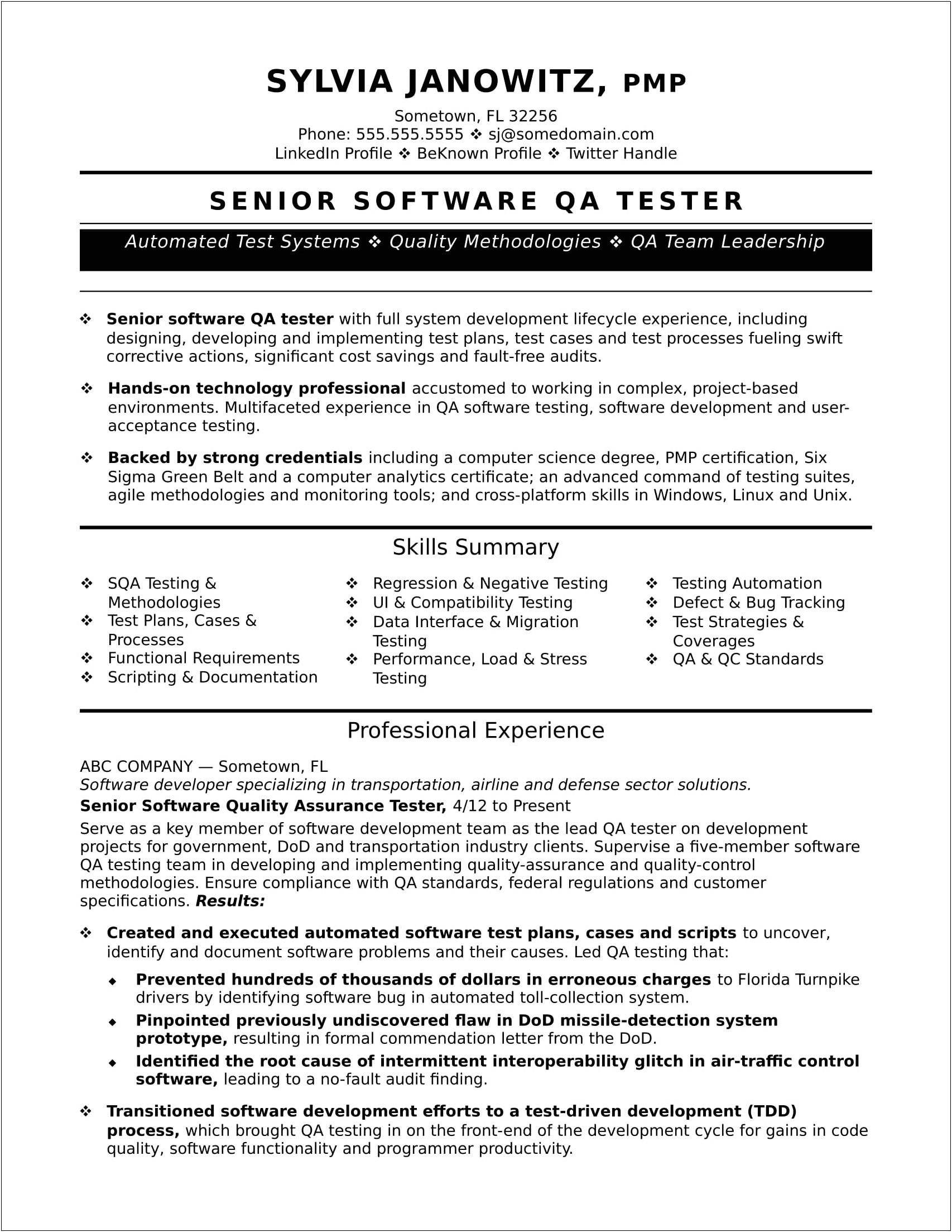 Software Quality Analyst Resume Sample