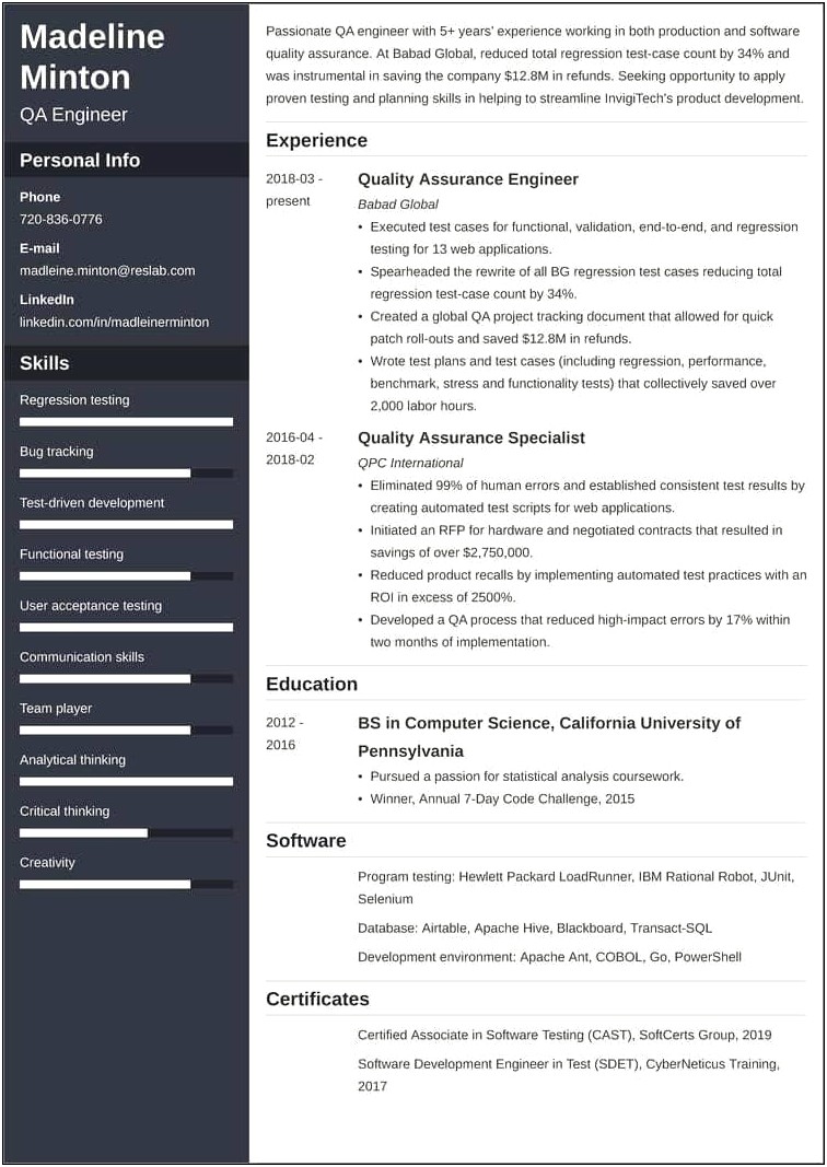 Software Quality Assurance Objective Resume