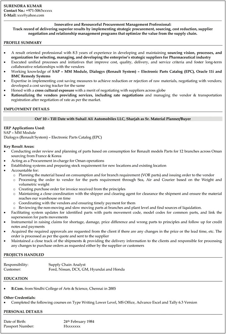 Sourcing And Procurement Manager Resume