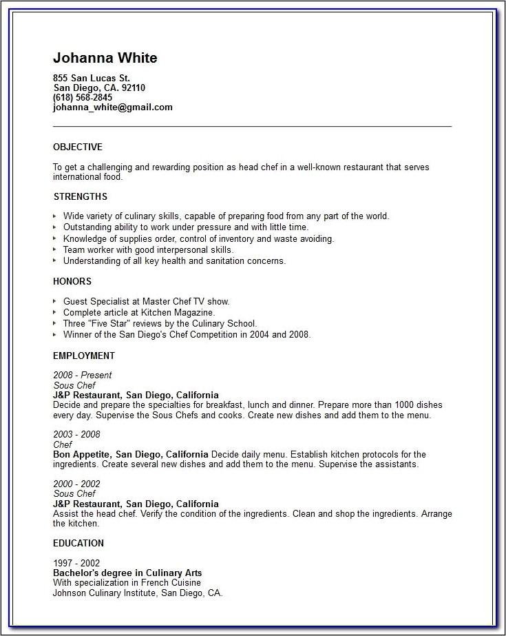 Sous Chef Resume Objective Samples