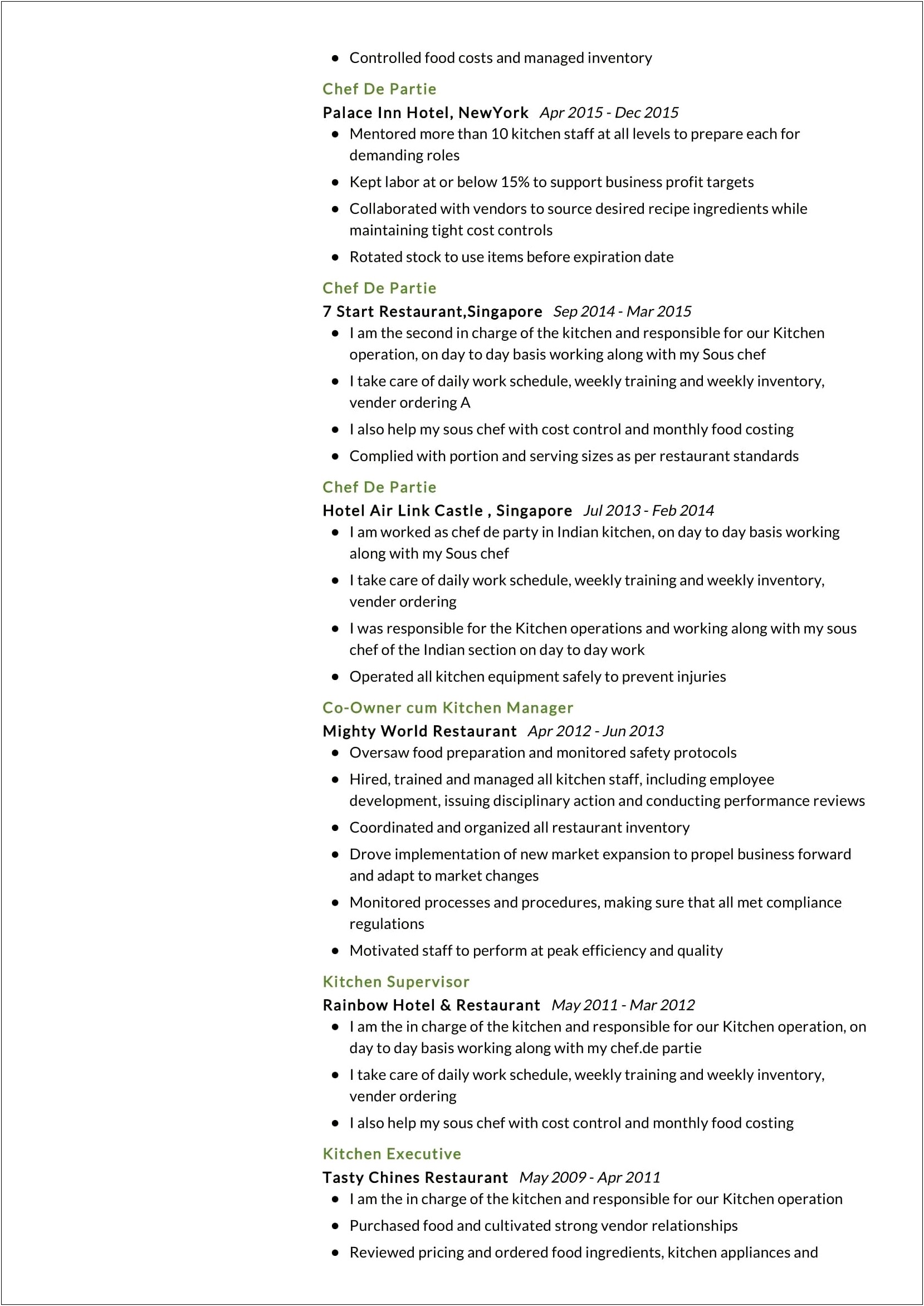 South Indian Chef Resume Sample
