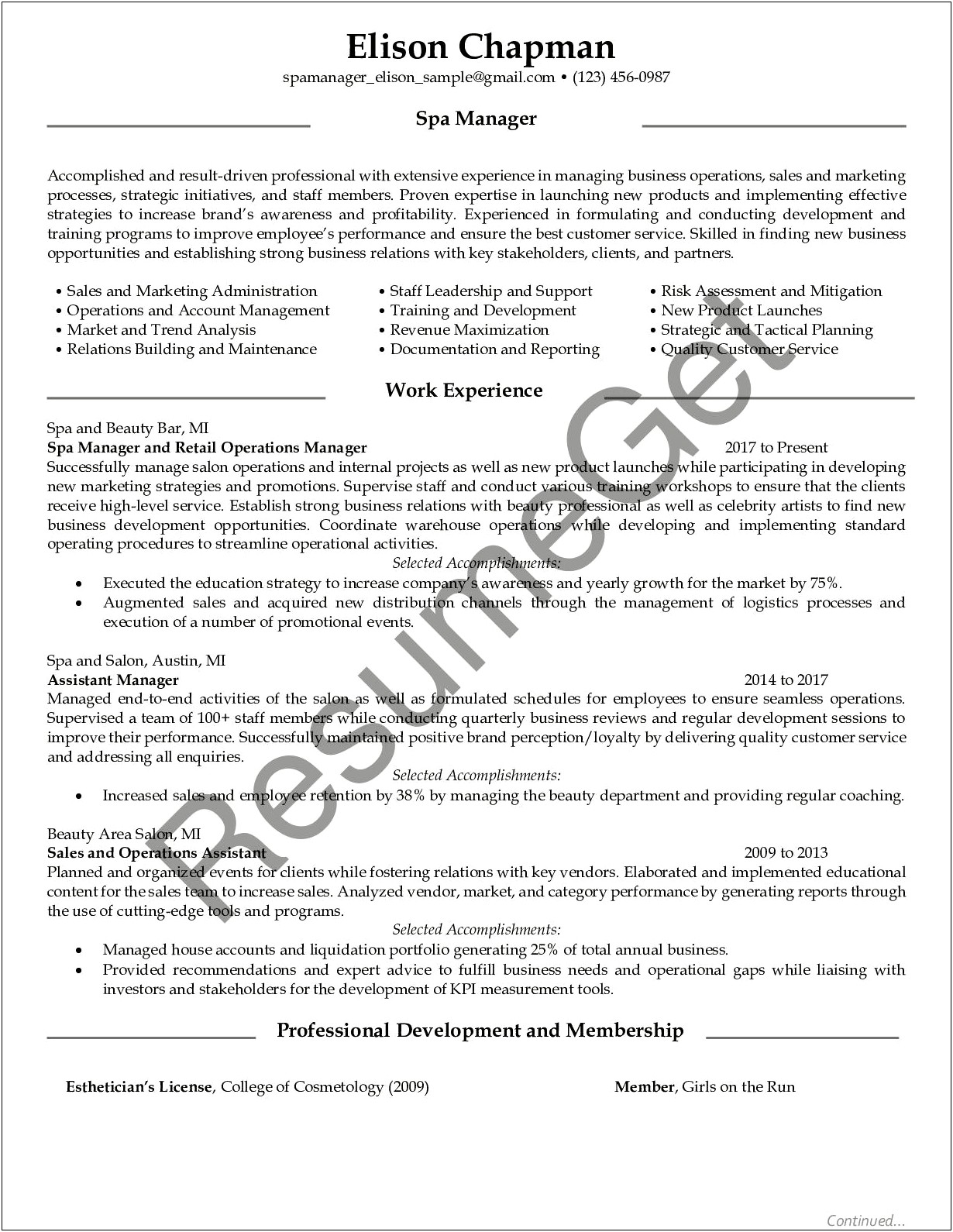 Spa Group Business Manager Resume