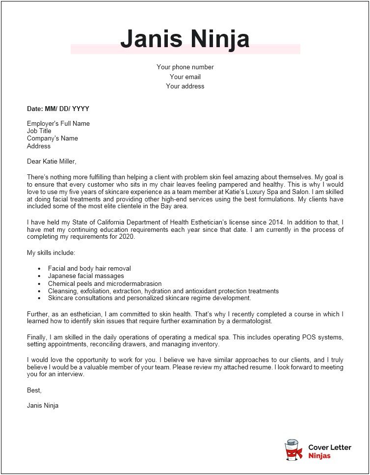 Spa Manager Resume Cover Letter