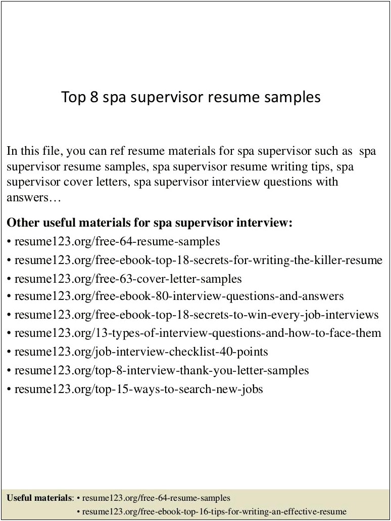 Spa Supervisor Job Description Resume