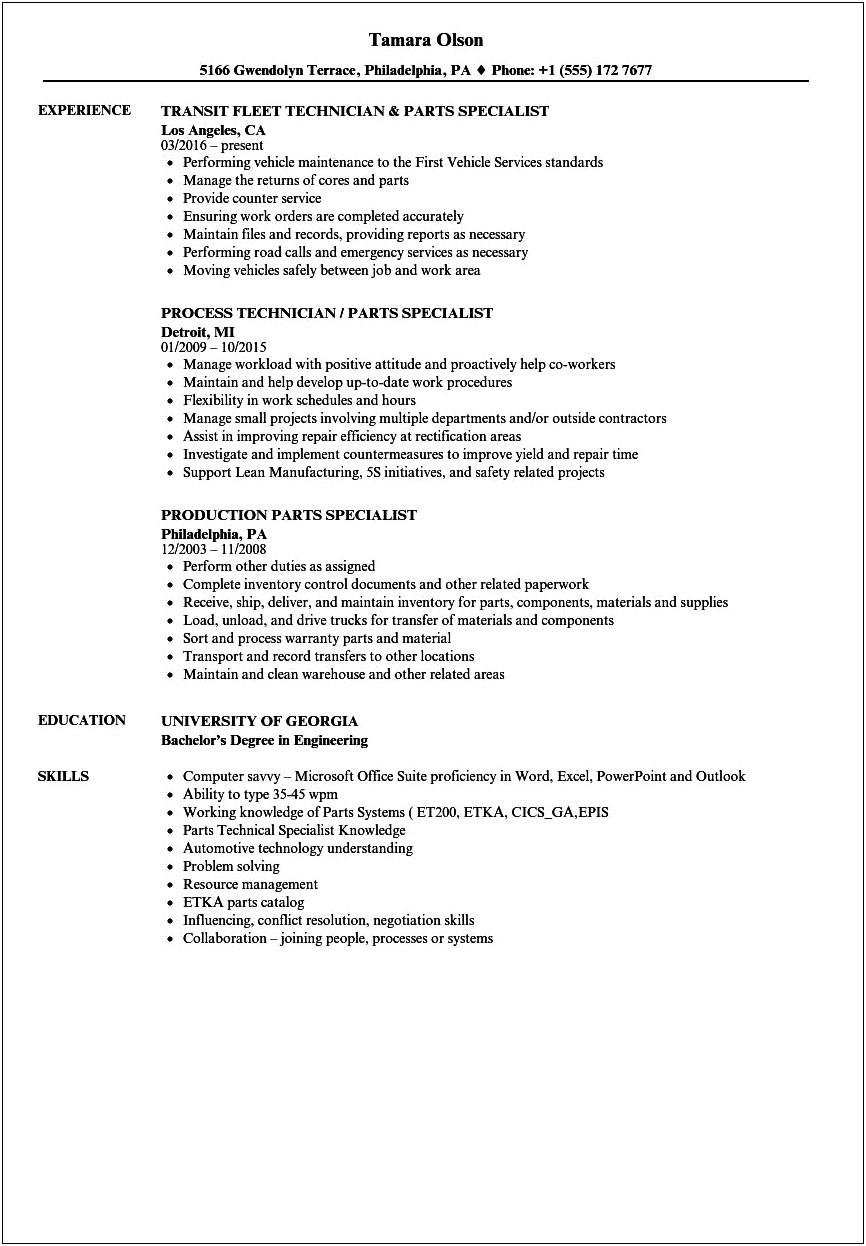 Spare Parts Manager Resume Sample