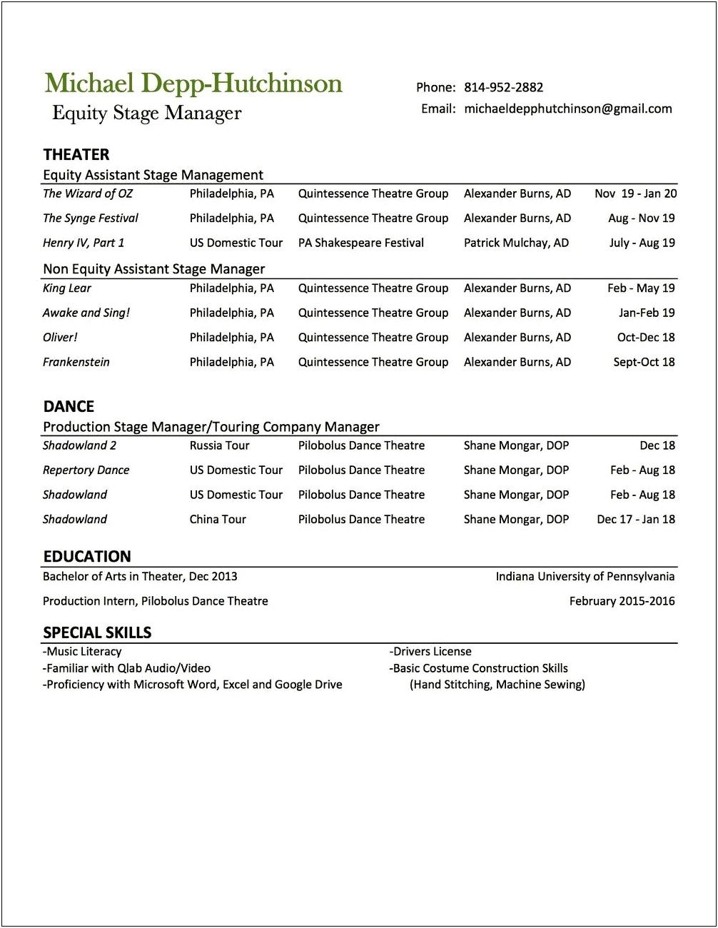 Speacial Skills Resume Stage Manager