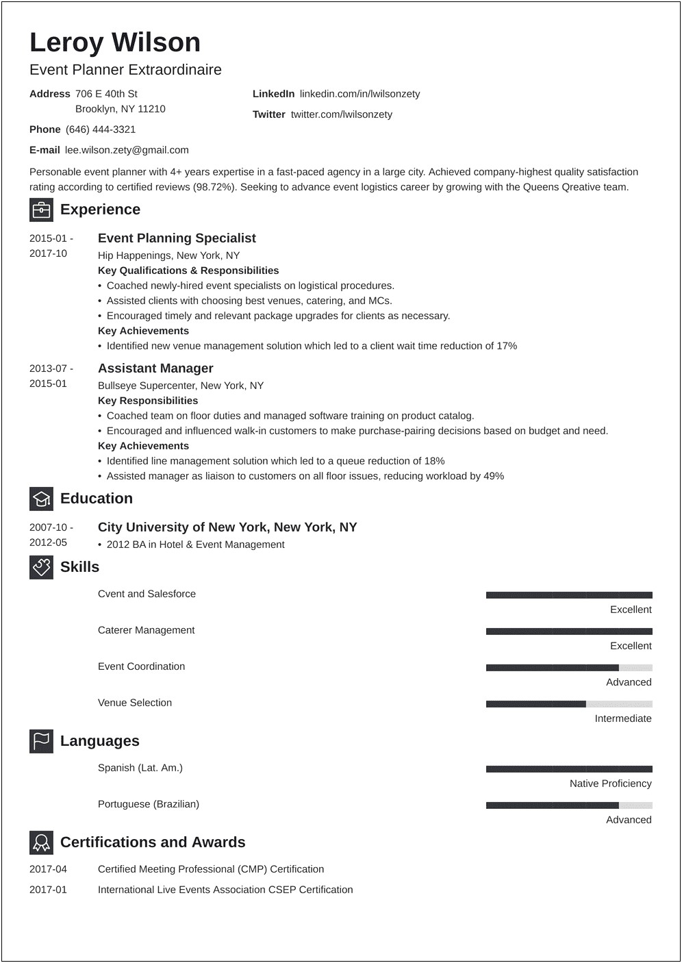 Special Event Planner Resume Sample