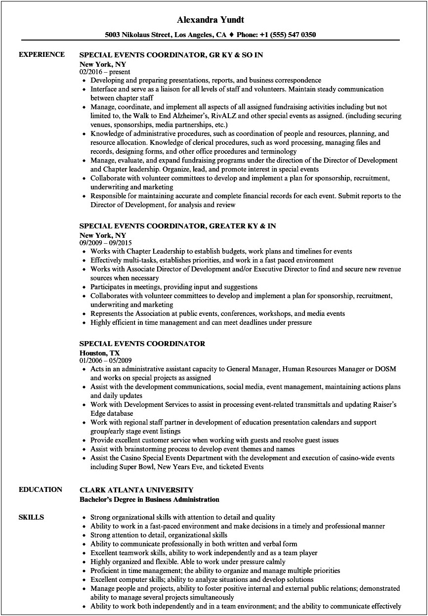Special Events Coordinator Resume Objective
