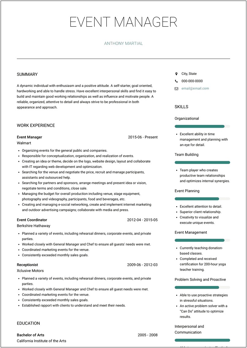 Special Events Manager Resume Example