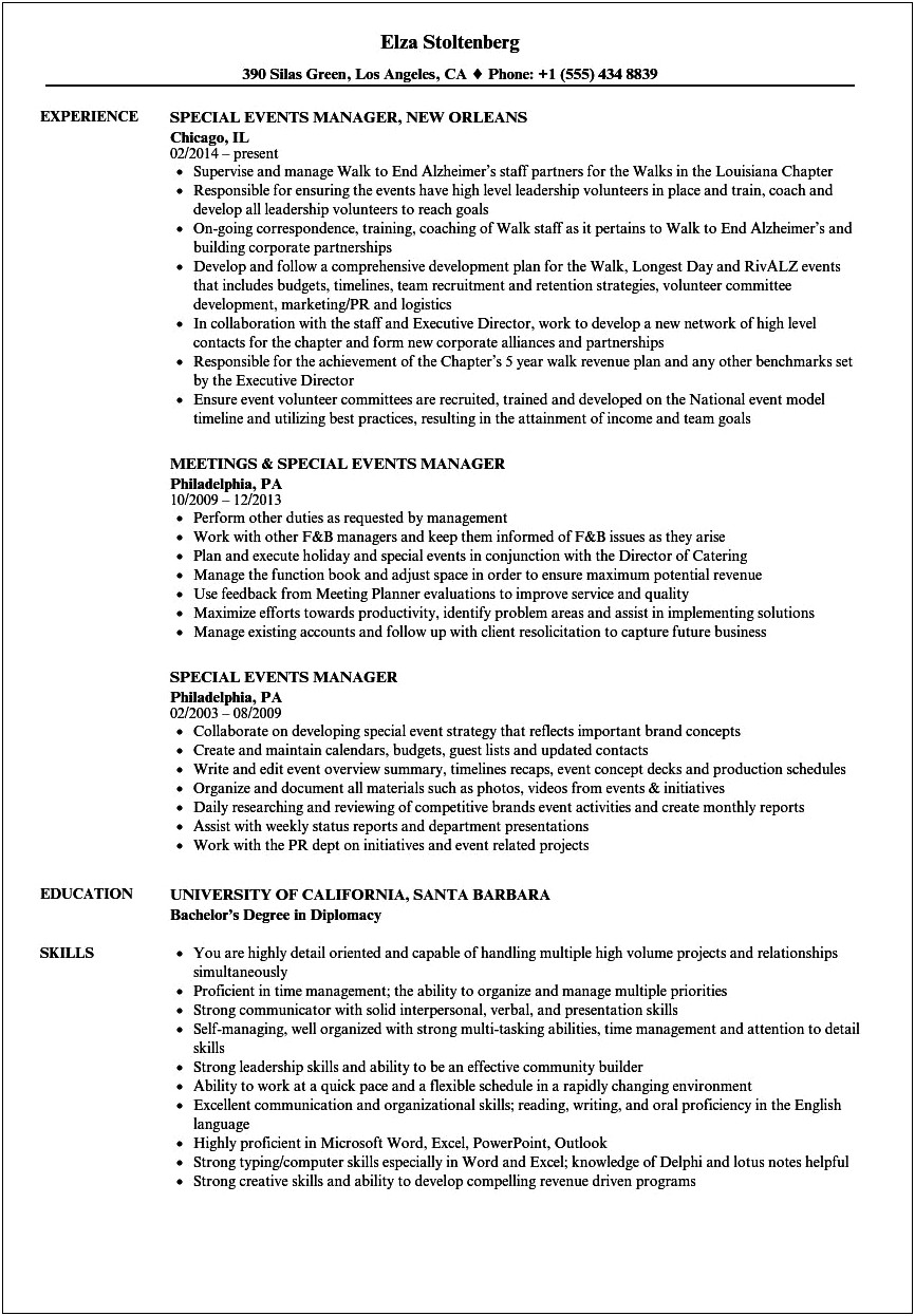 Special Events Manager Resume Sample