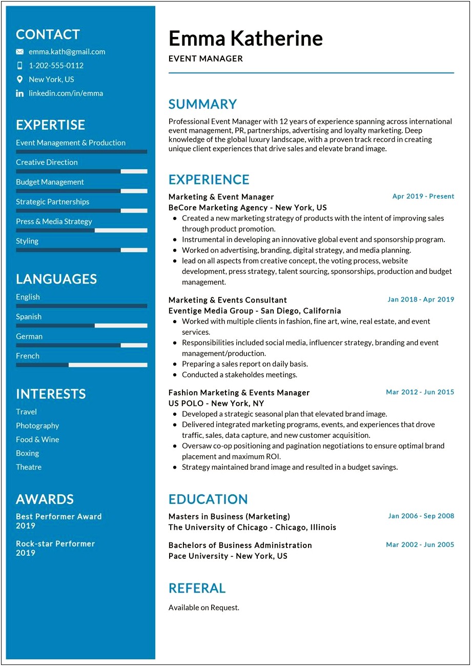 Special Events Planner Resume Sample