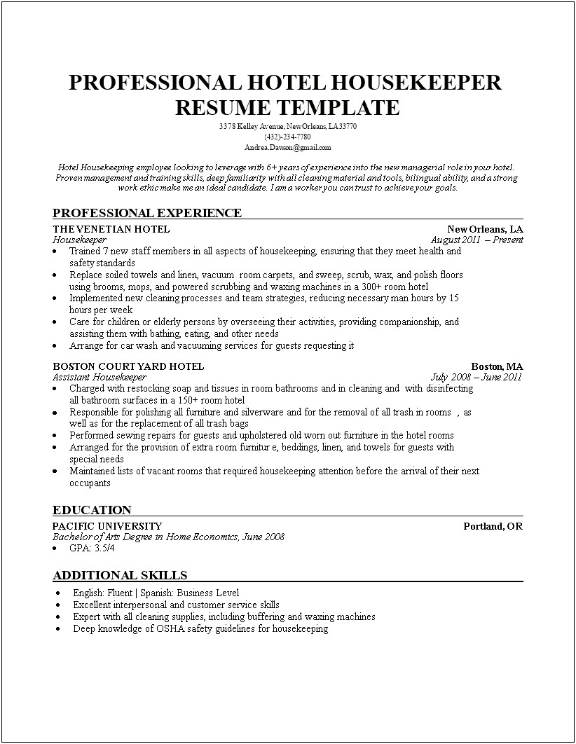 Special Skills For Housekeeper Resume