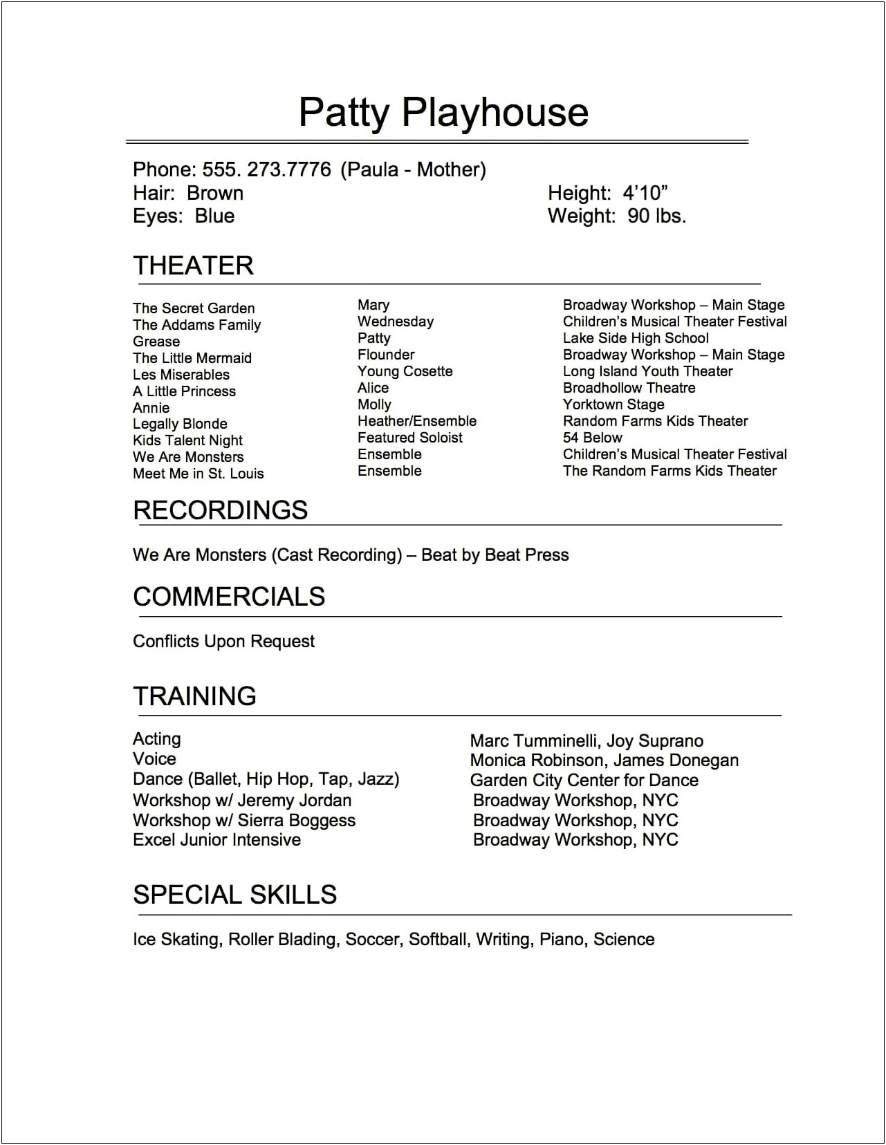 Special Skills For Theatre Resume