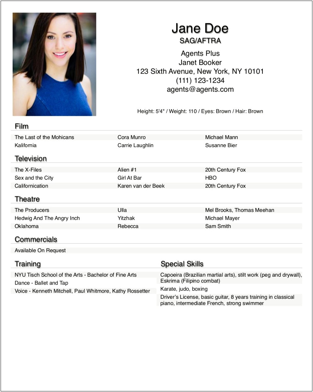 Special Skills Section Acting Resume