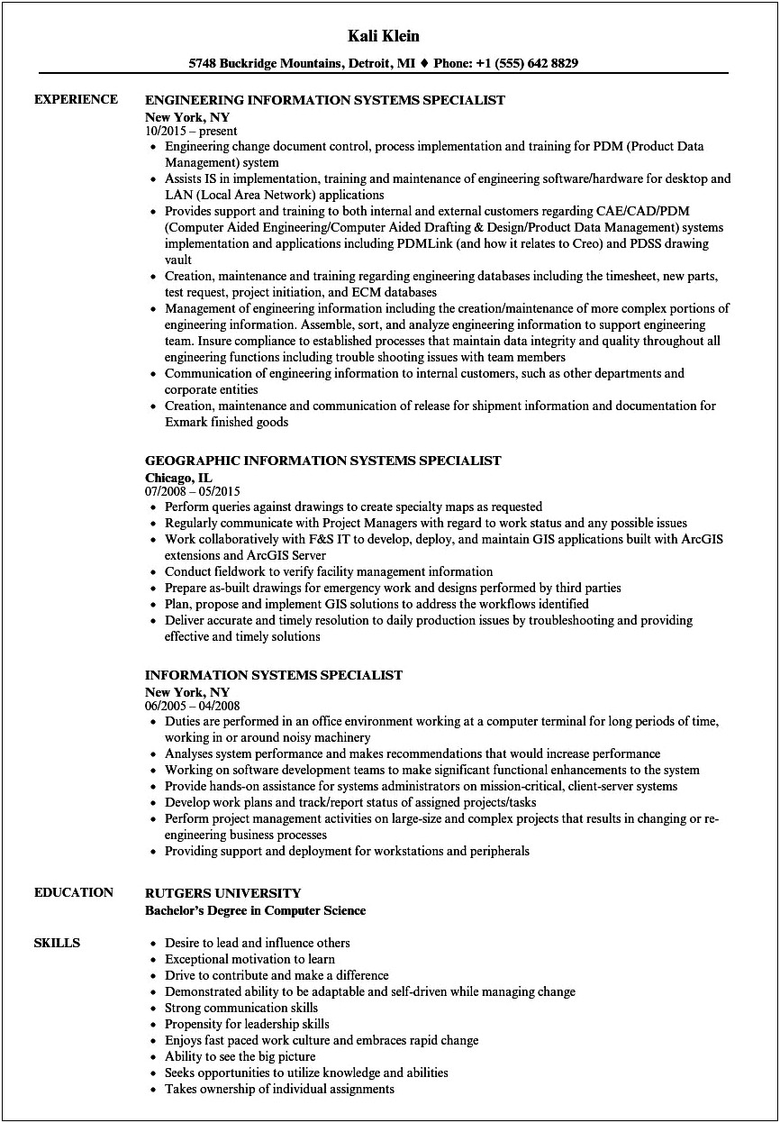 Specialist Job Description For Resume