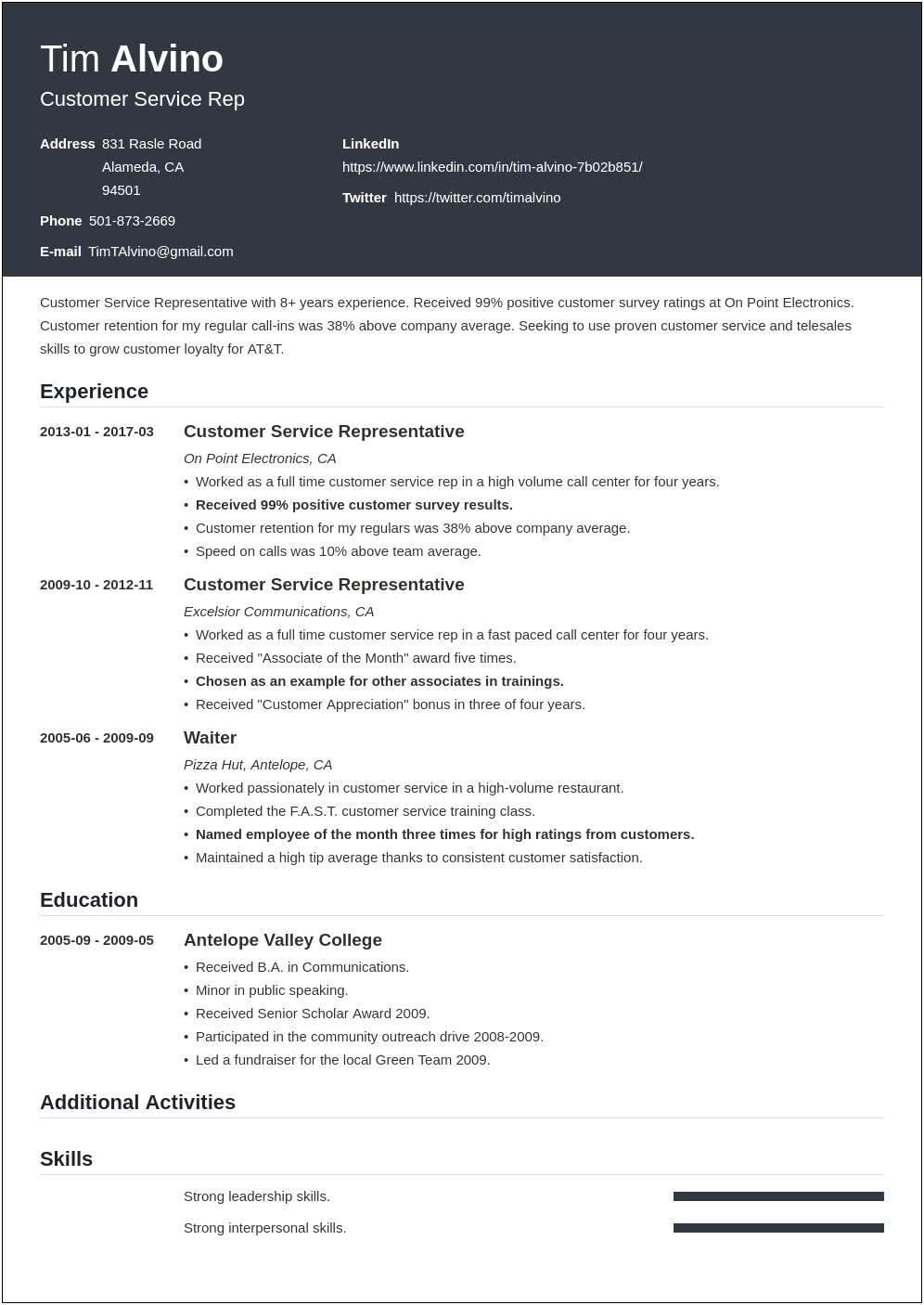Specific Examples Customer Service Resume