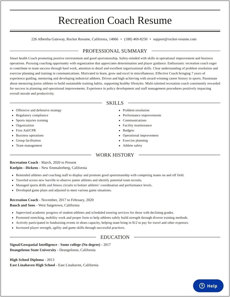 Sport Recreation Facilities Manager Resume