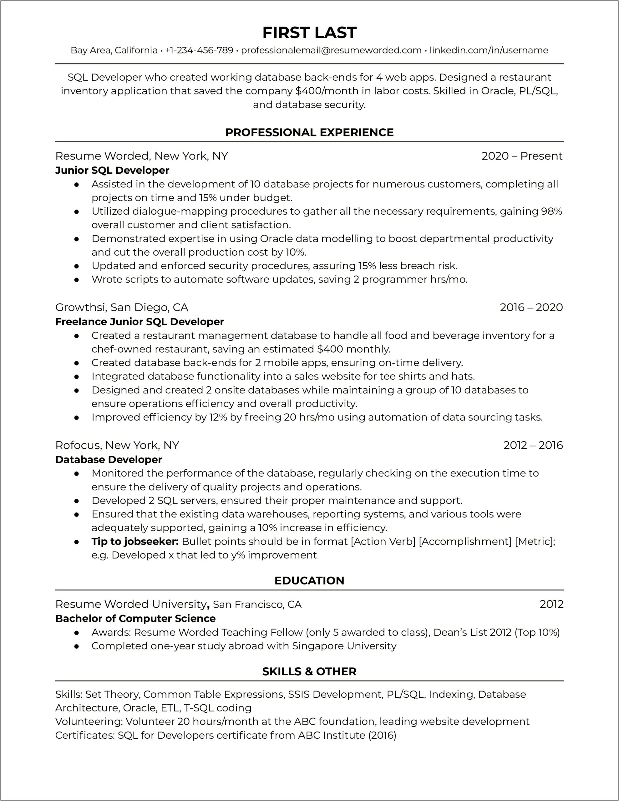 Sql Sample Work For Resume