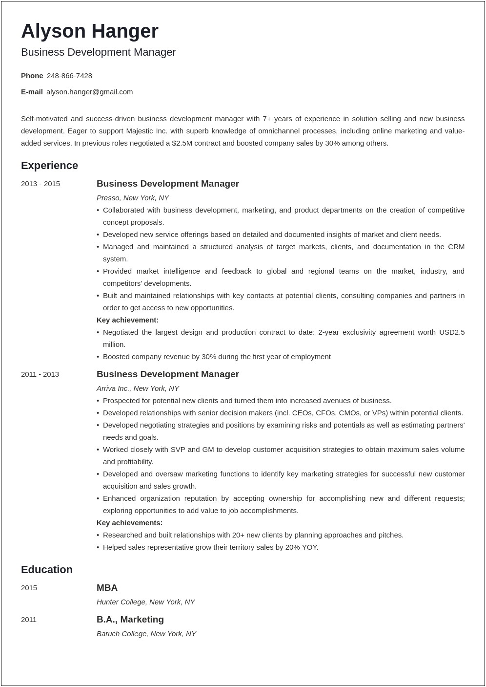 Staffing Business Development Manager Resume
