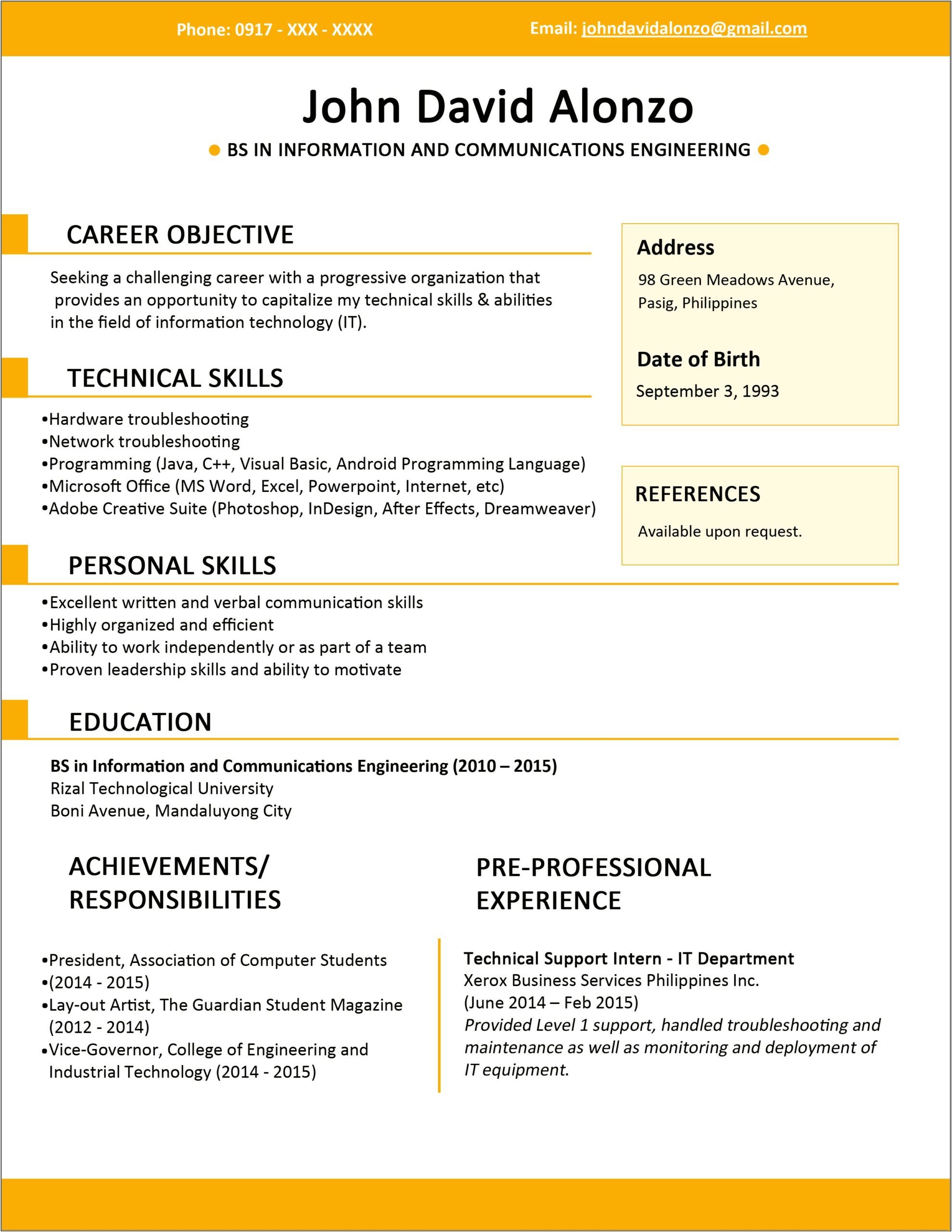 Standard Resume Format For Job