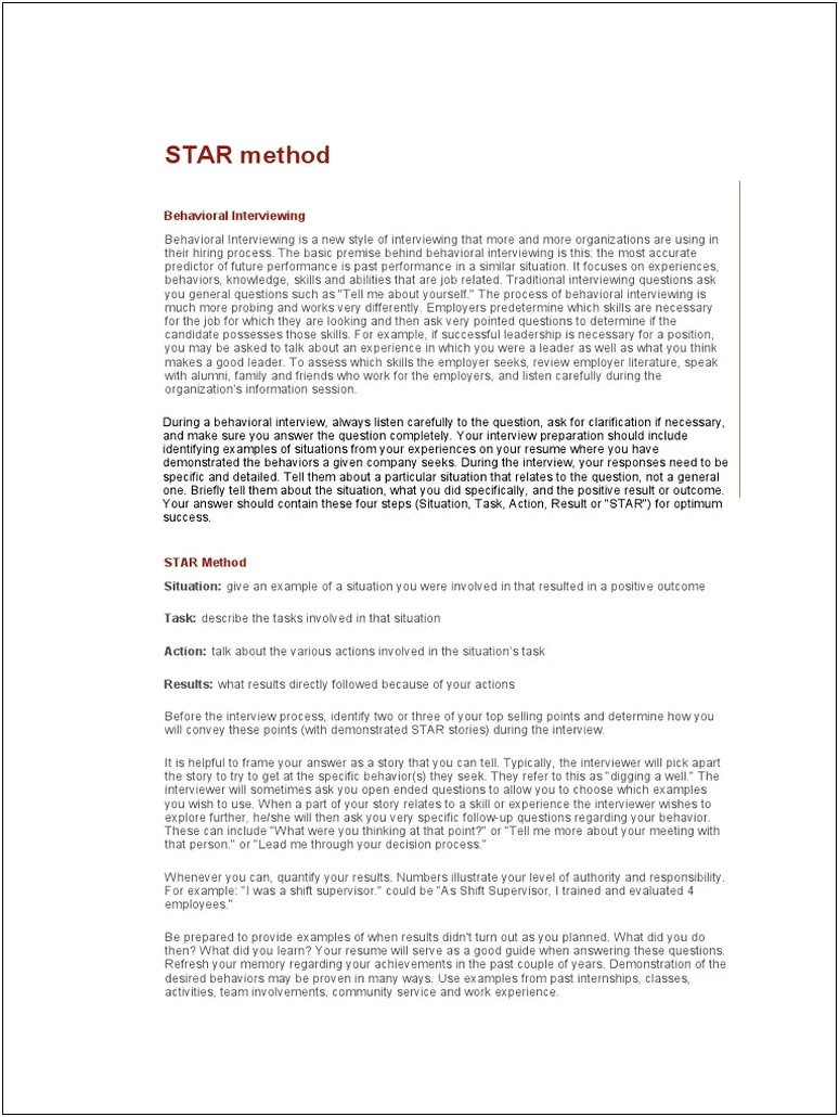 Star Method Examples For Resume