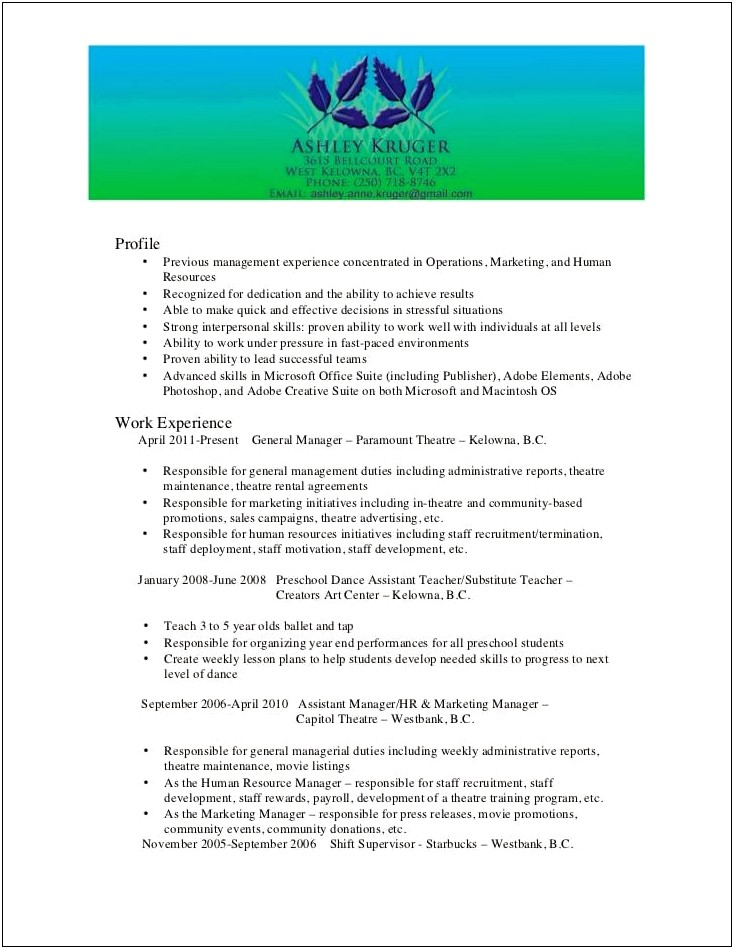 Starbucks Store Manager Resume Examples