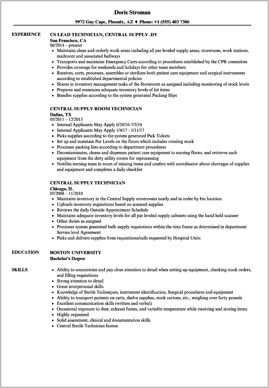 Sterile Processing Technician Resume Examples