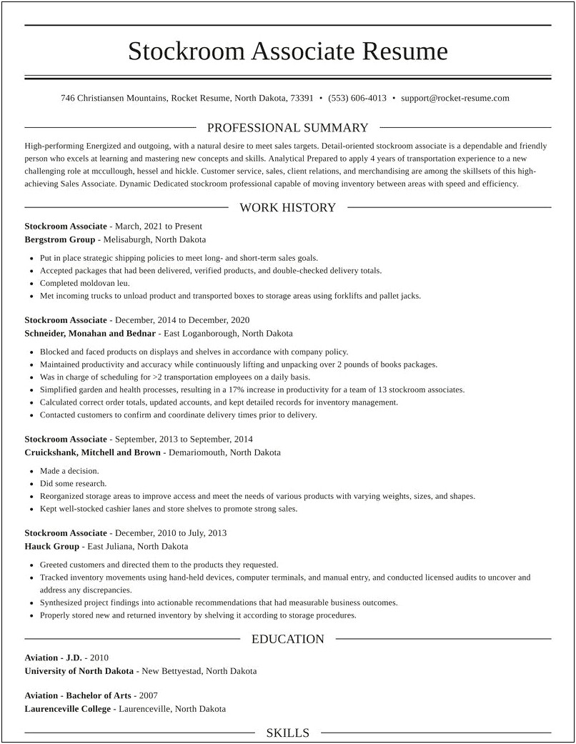 Stockroom Associate Job Resume Sample