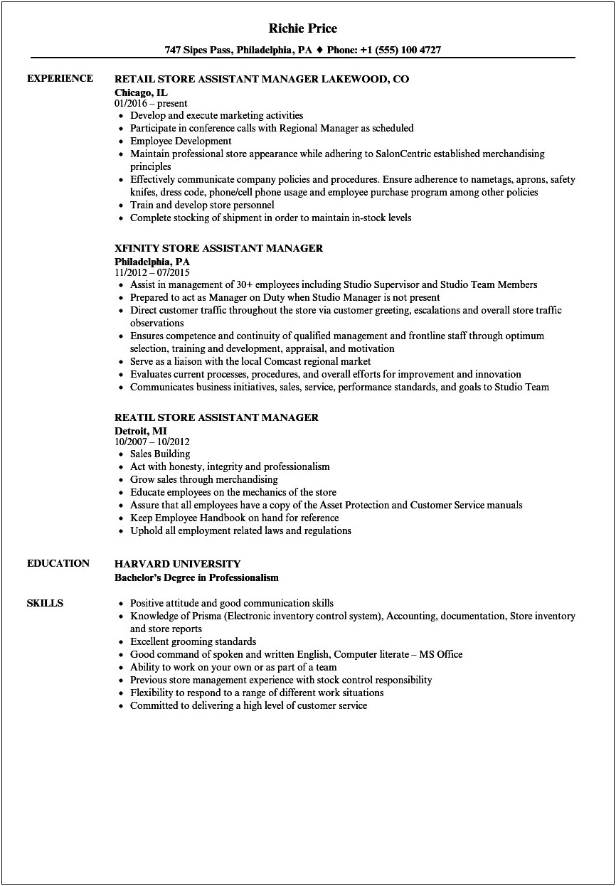 Store Assistant Job Description Resume