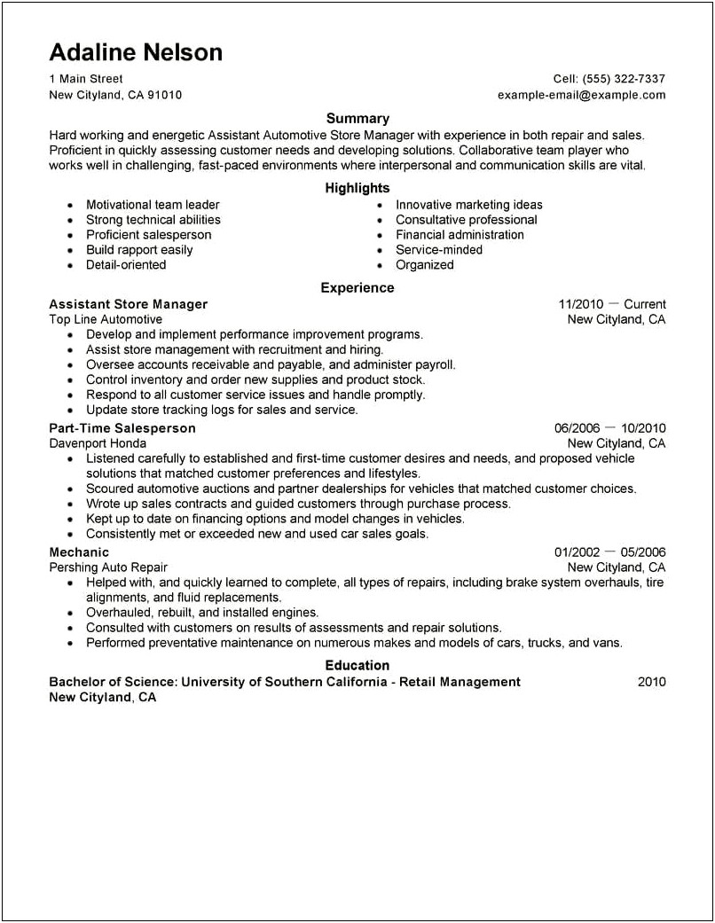 Store Assistant Manager Resume Summary