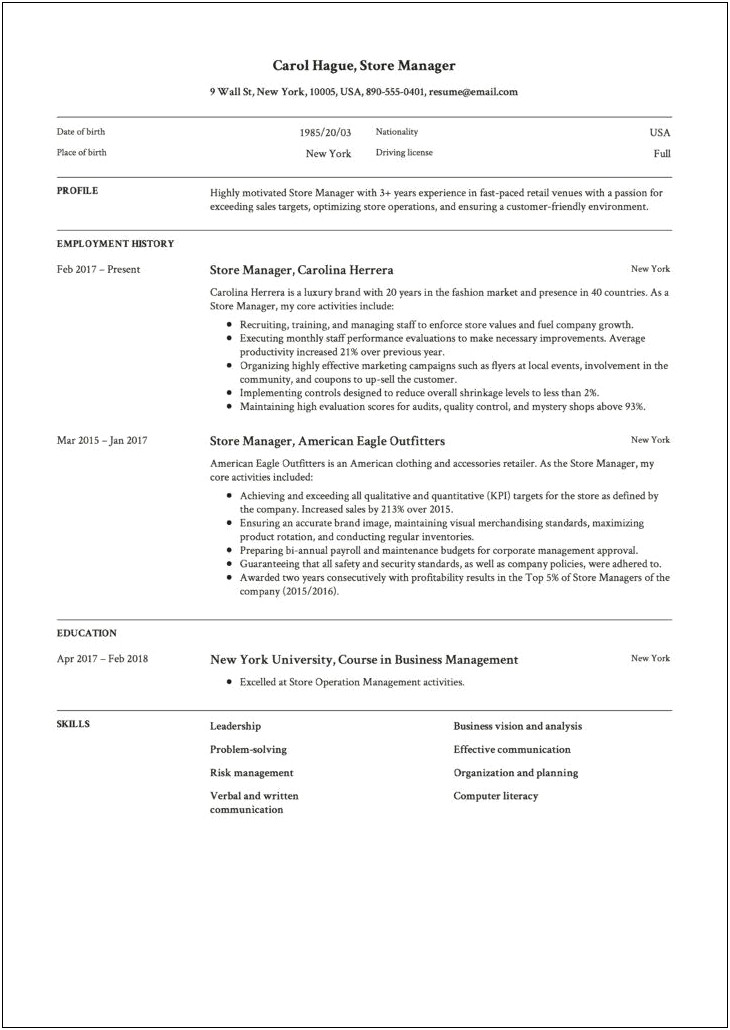 Store Incharge Job Resume Format