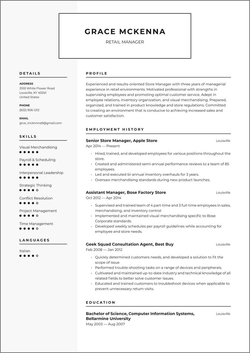 Store Retail Manager Resume Example