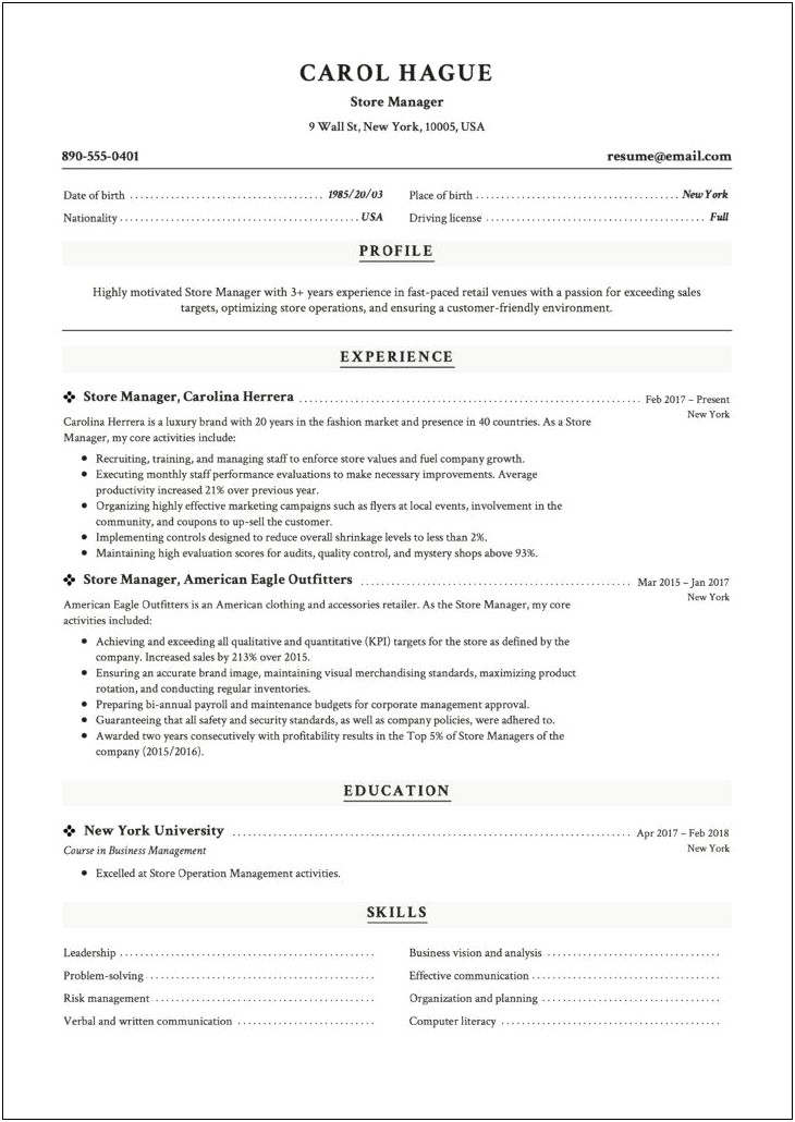 Store Sales Manager Resume Samples